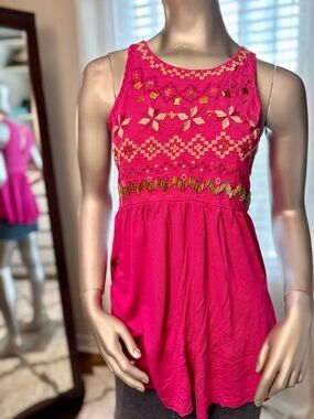 Free People Embroidered Beaded Tunic Top Pink Boho Sleeveless Size Small